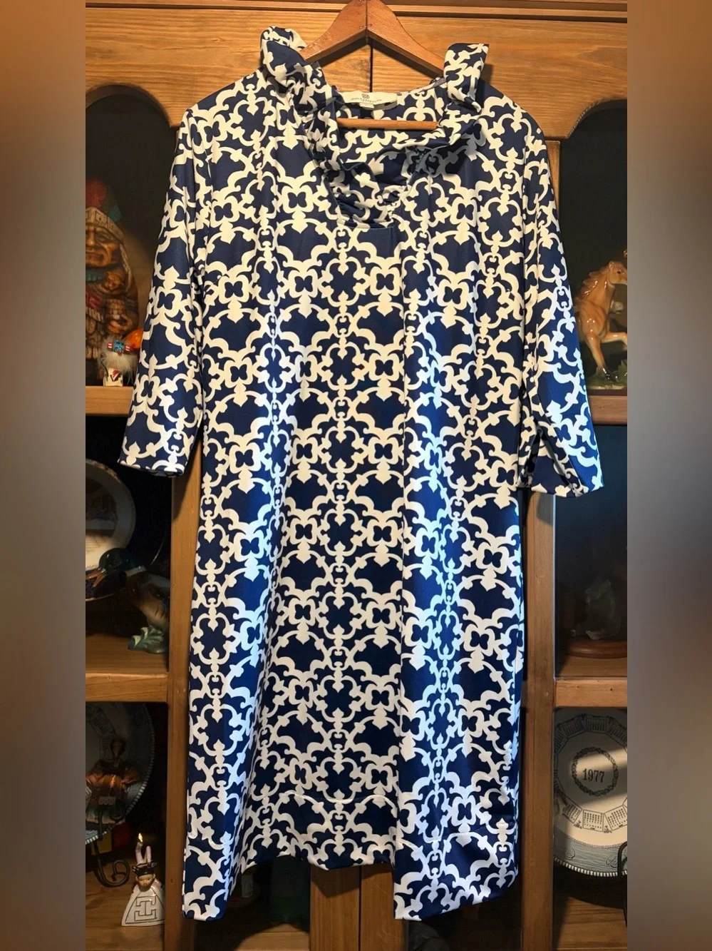 Jean-Pierre Klifa Paris Ruffle Collar Jersey Dress Blue/ Scroll Resort Size XL